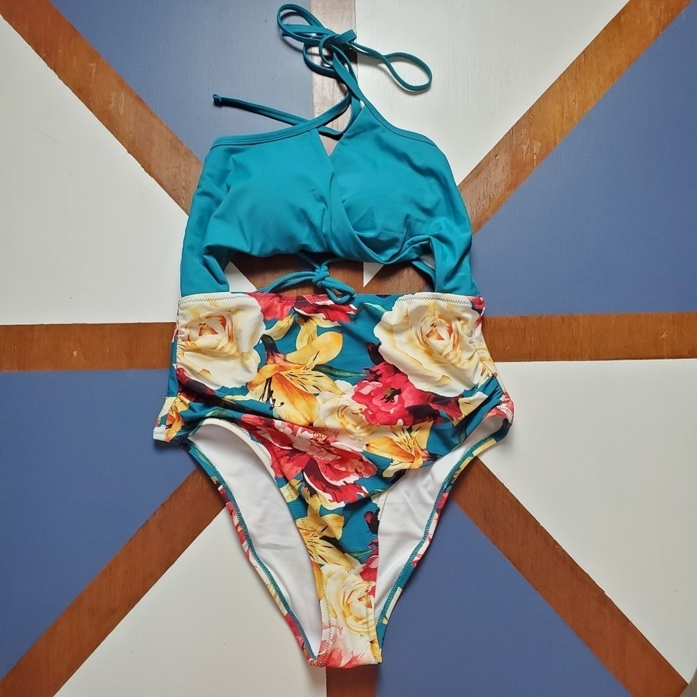 Cupshe Monokini One Piece Womens Medium Teal Floral Cutout Tie neck‎ High Waist